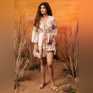 NWOT White Rayon Lurex Printed And Embellished Floral Tiered Dress For Women